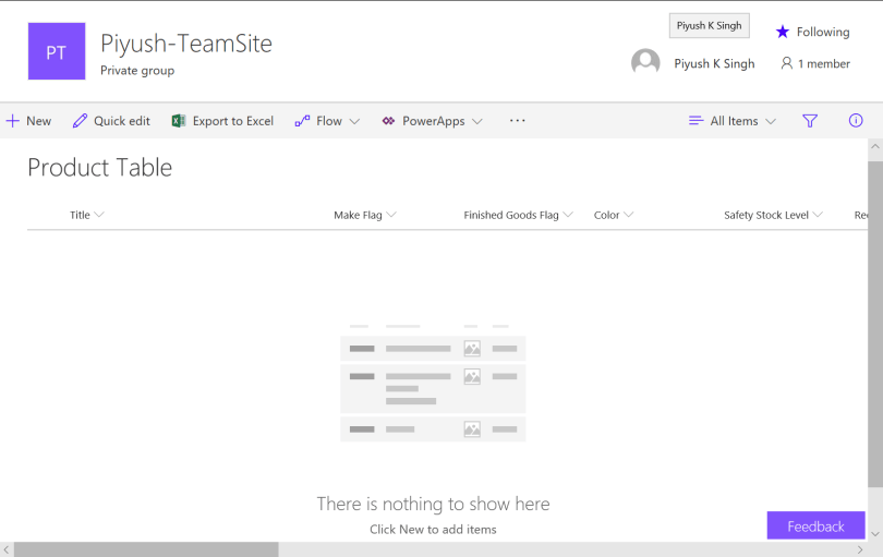 Product Table - SharePoint List