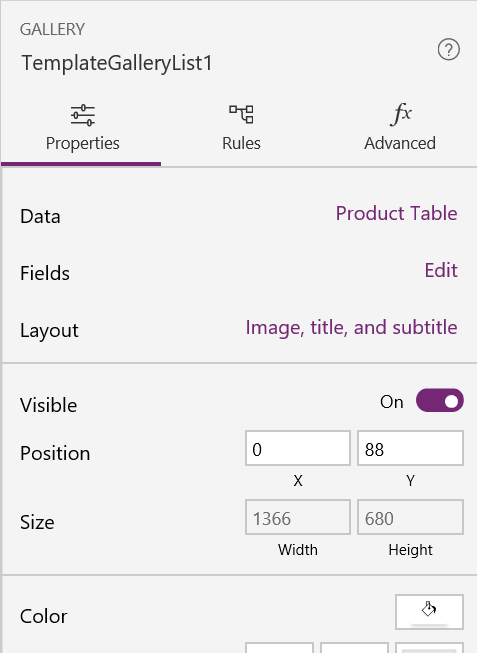 PowerApps TemplateGalleryList Property Pane